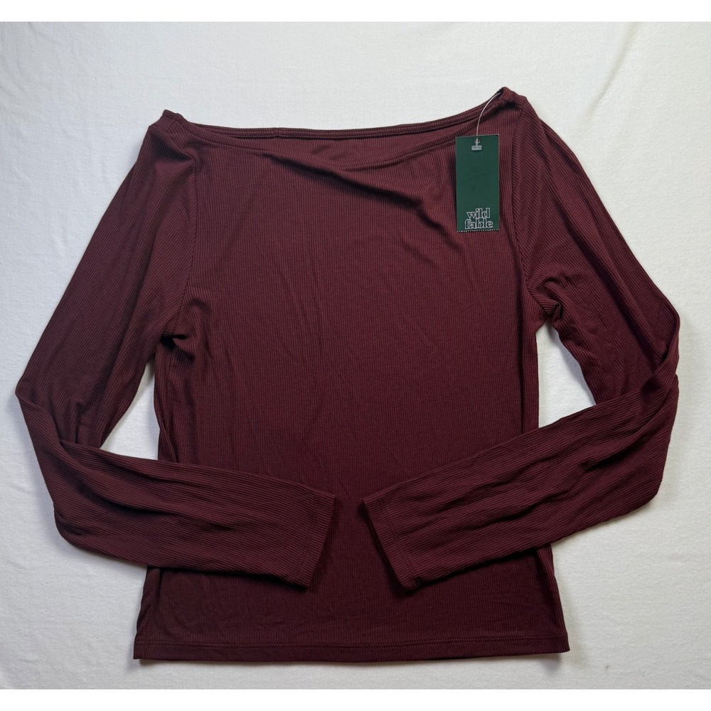 Wild Fable Burgundy Ribbed Long Sleeve Boat Neck Top Medium NWT-2647